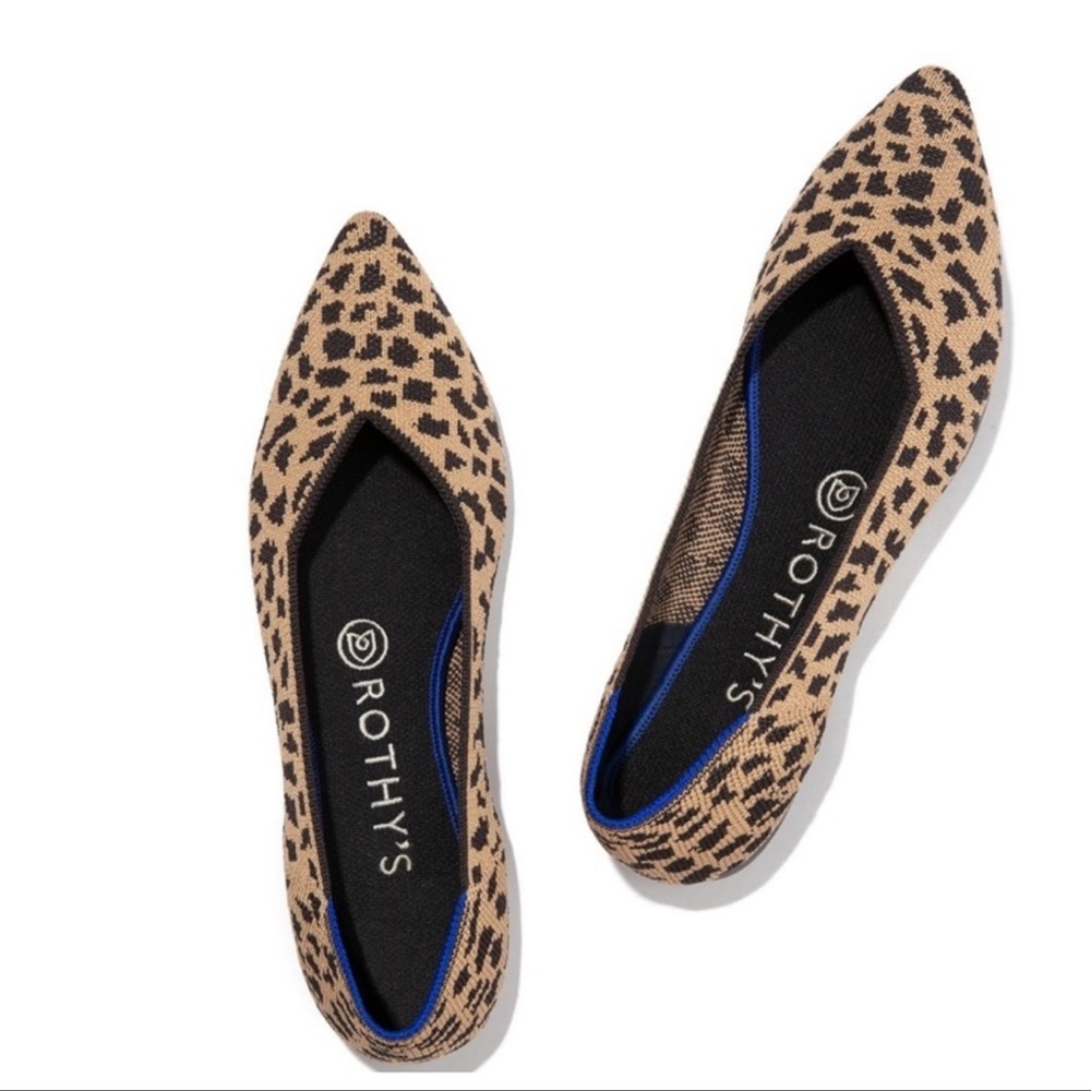 Rothy's Leopard Print Pointed Toe Flats in Tan and Black - Picture 2 of 12